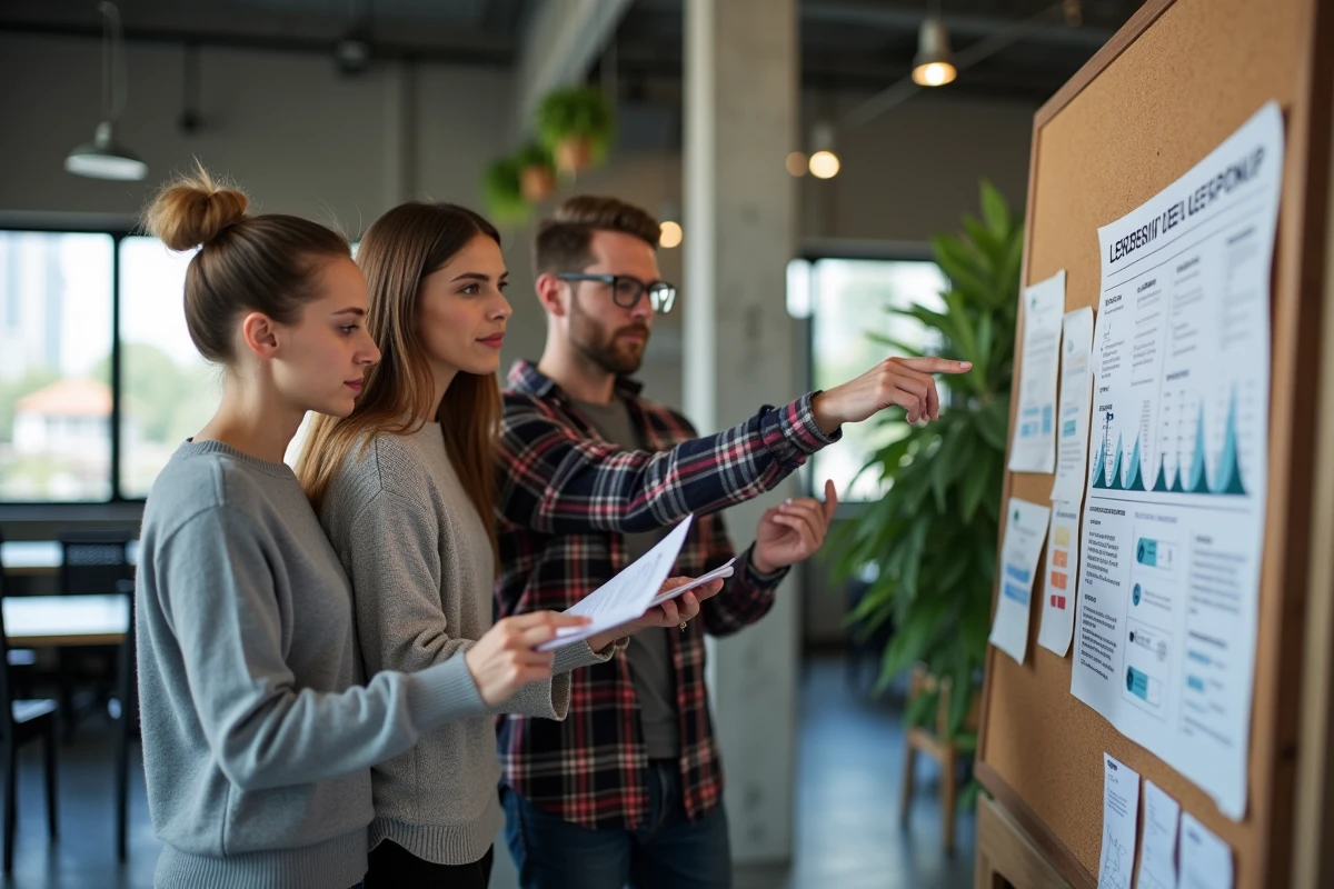Équipe de jeunes professionnels collaborant sur une feuille de route de développement du leadership en espace de coworking