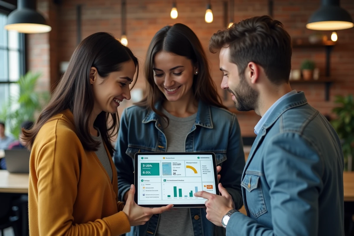 Équipe de professionnels consultant un tableau de bord LCMS sur une tablette dans un espace de coworking