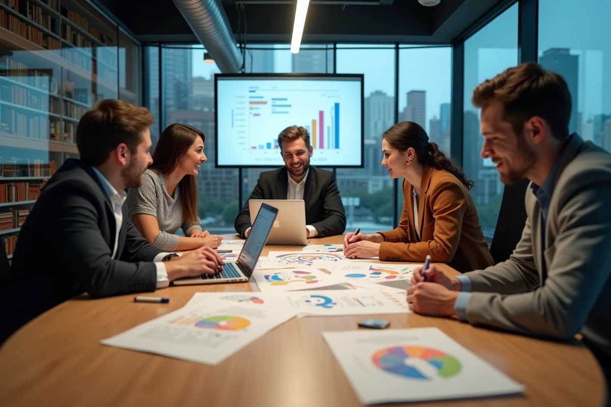 Équipe multiculturelle en réunion autour d'une table discutant de stratégies de communication sur l'innovation