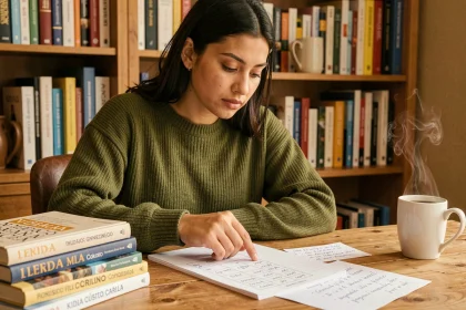 Jeune femme hispanique étudiant la conjugaison du verbe SER en espagnol avec des livres de grammaire et des notes manuscrites sur un bureau en bois