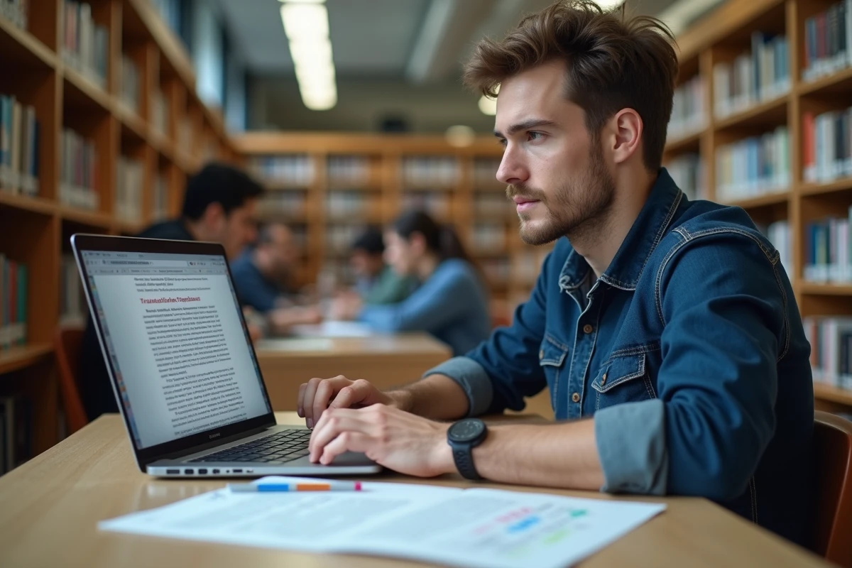 Étudiant universitaire travaillant sur une dissertation avec des connecteurs logiques mis en évidence sur écran et papier annoté en bibliothèque