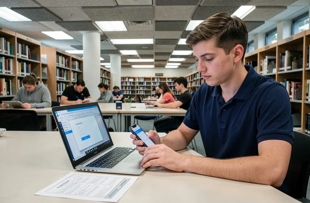 Étudiant consultant une check-list de dépannage de connexion sur papier à côté de son ordinateur portable à la bibliothèque universitaire
