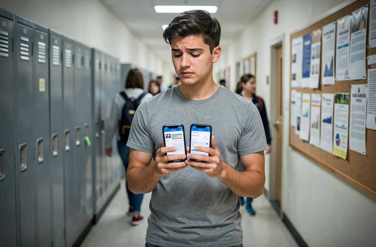 Étudiant comparant deux interfaces numériques sur smartphone dans un couloir d'établissement scolaire