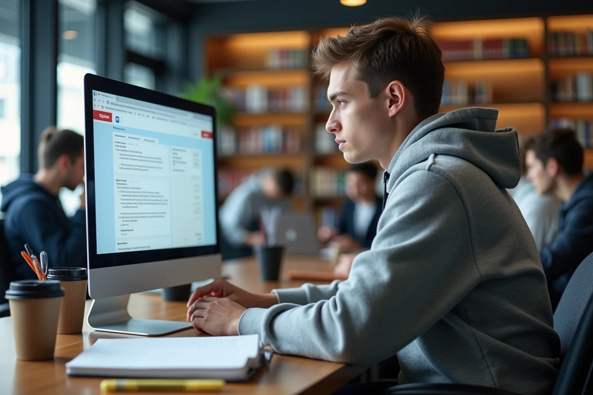 Étudiant consultant l'ENT de l'UPHF sur un ordinateur en bibliothèque universitaire pour organiser ses examens en ligne