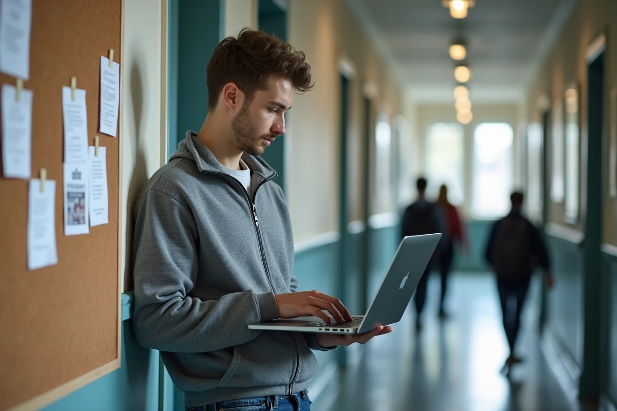 Étudiant vérifiant les mises à jour de l'emploi du temps sur un panneau d'affichage universitaire à Angers