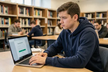 Étudiant masculin frustré devant un formulaire de réinitialisation de mot de passe sur un ordinateur portable dans une bibliothèque universitaire