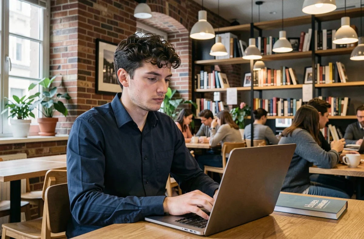 Étudiant masculin rédigeant un texte en français avec des connecteurs logiques sur un ordinateur portable dans un café bibliothèque moderne