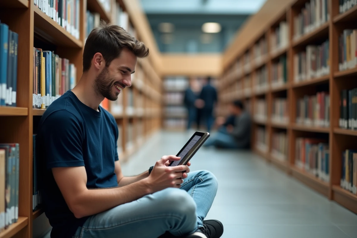 Étudiant utilisant une application de révision gratuite sur tablette dans une bibliothèque universitaire moderne