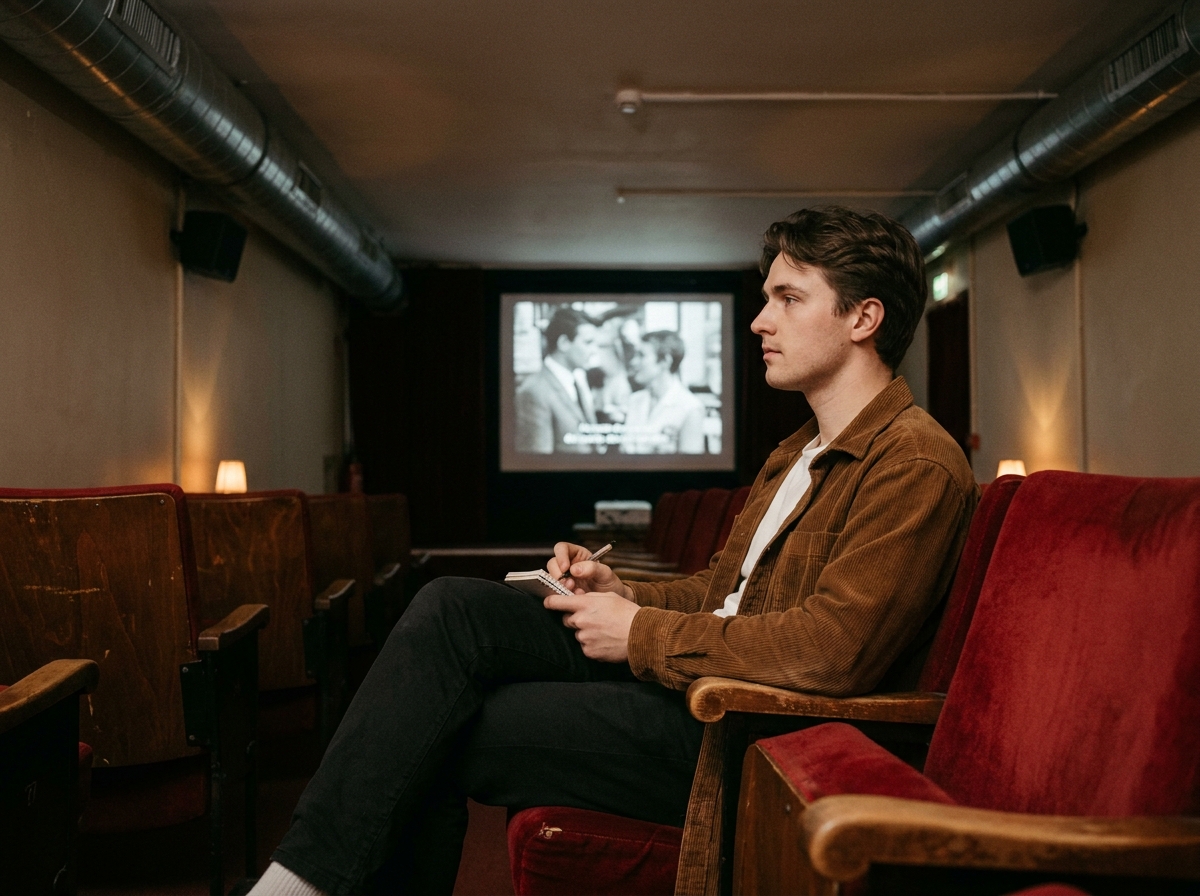 Jeune étudiant en cinéma prenant des notes dans une petite salle de projection d'une école de cinéma à Nantes
