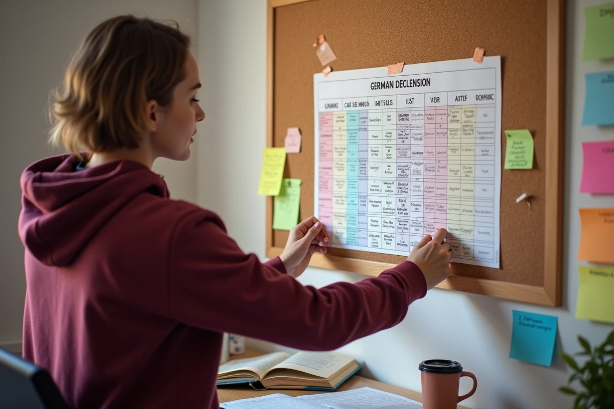 Étudiant accrochant un tableau de déclinaison allemand fait main sur un tableau en liège dans une chambre d'étude