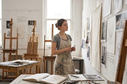 Étudiante en année préparatoire artistique réfléchissant devant ses travaux dans un atelier de beaux-arts