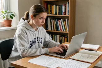 Étudiante calculant sa moyenne avec coefficient sur un ordinateur portable entouré de notes manuscrites et bulletins scolaires
