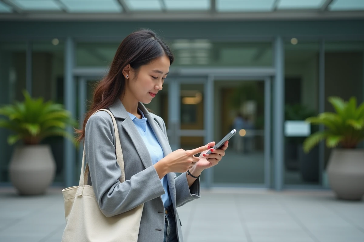 Étudiante consultant les étapes d'inscription LISE ENSAM 2026 sur smartphone devant un campus universitaire