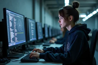 Étudiante en cybersécurité travaillant sur plusieurs écrans dans un laboratoire universitaire moderne