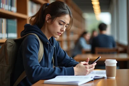 Étudiante consultant l'emploi du temps de l'université d'Angers sur son smartphone à la bibliothèque