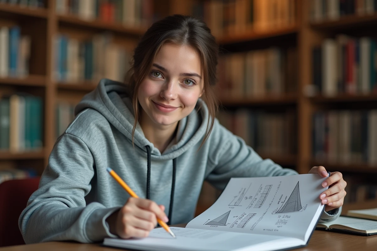 Étudiante en mathématiques révisant les formules de volume de la pyramide à base triangulaire et du cône dans une bibliothèque universitaire