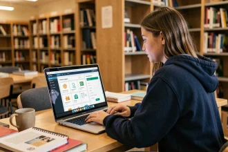 Étudiante utilisant un portail étudiant en ligne sur un ordinateur portable dans une bibliothèque universitaire moderne
