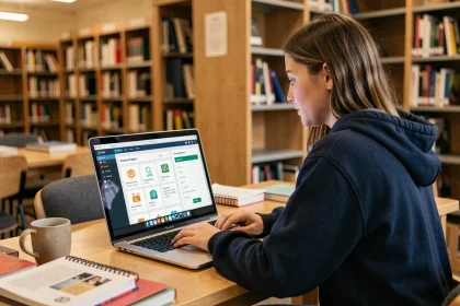 Étudiante utilisant un portail étudiant en ligne sur un ordinateur portable dans une bibliothèque universitaire moderne