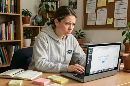 Étudiante frustrée devant un écran d'erreur de connexion sur son ordinateur portable dans sa chambre universitaire