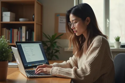 Étudiante de l'UPHF suivant ses cours en ligne sur un ordinateur portable dans sa chambre d'étudiant