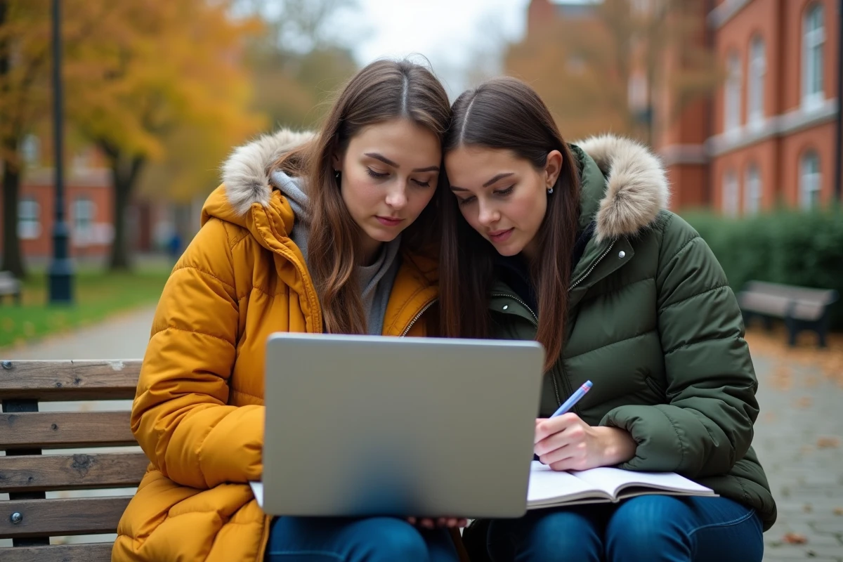 Deux étudiantes consultant ensemble les modifications de l'emploi du temps universitaire sur un campus en automne