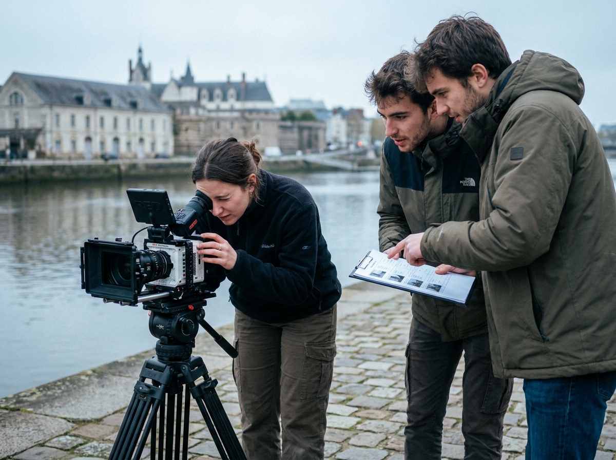 Groupe d'étudiants en cinéma filmant en extérieur sur les quais de la Loire à Nantes avec une caméra professionnelle