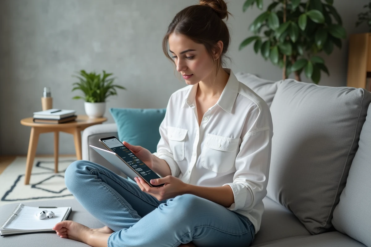 Jeune femme passant un examen en ligne sur tablette depuis son domicile via l'ENT de l'UPHF