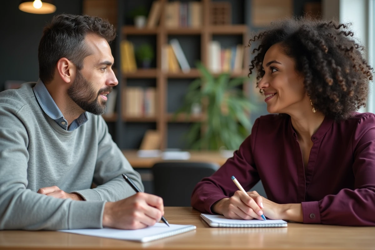 Deux professionnels adultes pratiquant un exercice d'écoute active et de communication dans un espace de coworking