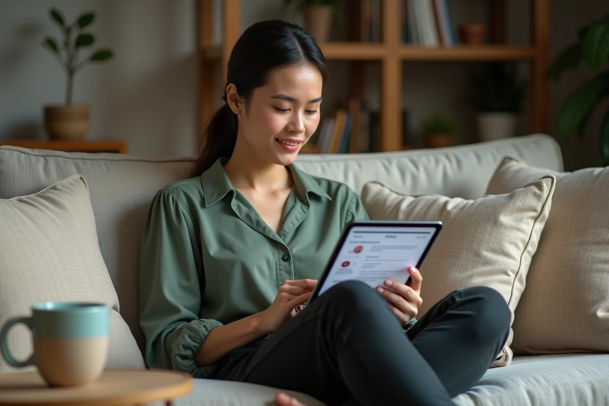 Jeune femme gérant ses tâches sur une tablette depuis son salon pour optimiser son temps au quotidien