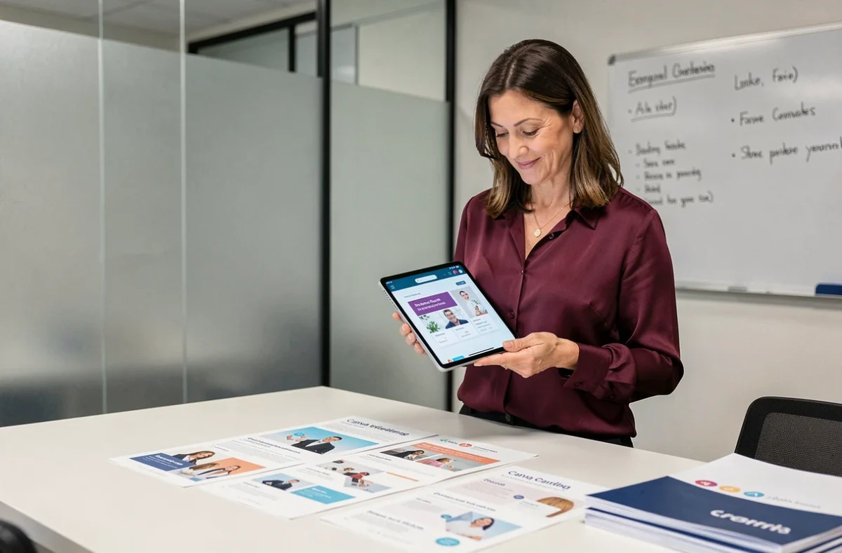 Femme en blouse bordeaux comparant des brochures de vente imprimées avec des modèles Canva sur une tablette en salle de réunion