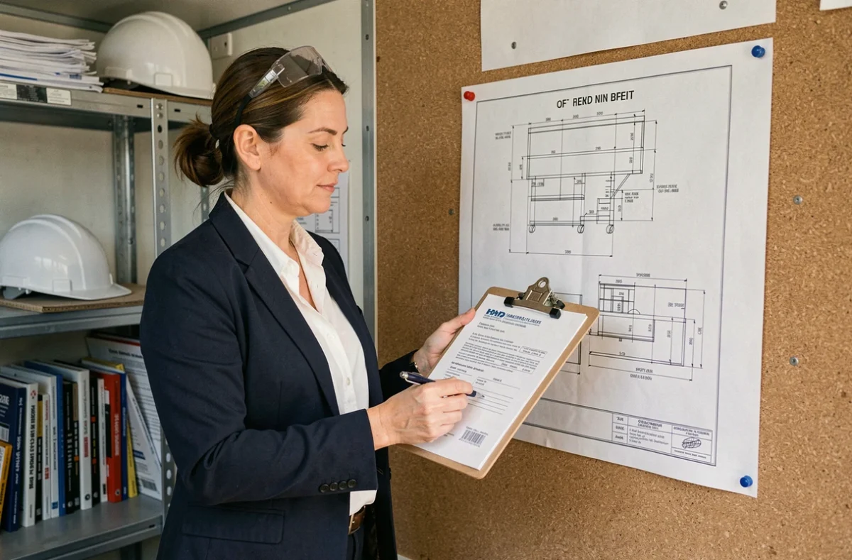 Femme professionnelle du BTP consultant des documents de certification dans un bureau de chantier avec plans et dossiers
