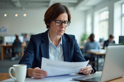 Femme consultant des documents sur l'éligibilité CPF dans un bureau moderne