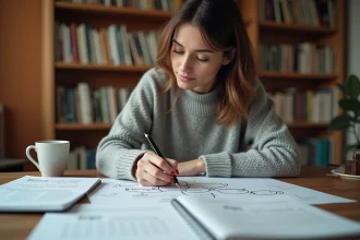 Femme rédigeant un plan structuré avec des connecteurs logiques dans un bureau à domicile entouré de livres et de notes manuscrites