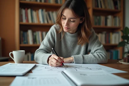 Femme rédigeant un plan structuré avec des connecteurs logiques dans un bureau à domicile entouré de livres et de notes manuscrites