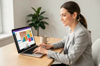 Femme en blazer gris utilisant Canva sur un ordinateur portable pour créer des supports de vente dans un bureau à domicile moderne