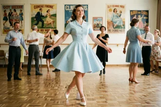Femme débutante apprenant les pas de base de la danse Madison dans une salle communautaire en parquet