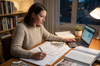Femme en reconversion professionnelle étudiant l'architecture d'intérieur le soir à son bureau à domicile, entourée de plans et de manuels de design