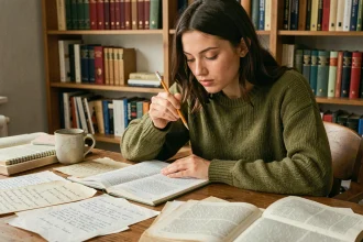 Jeune femme étudiant les connecteurs logiques en français sur un bureau en bois couvert de notes manuscrites et de livres de grammaire