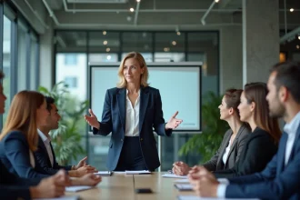 Femme leader EF animant une réunion professionnelle dans un bureau moderne avec des collègues attentifs
