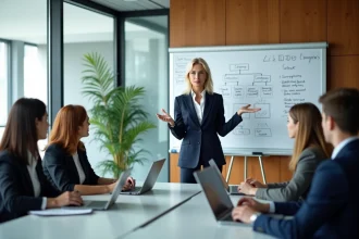 Femme leader présentant un plan de développement du leadership à son équipe en salle de réunion moderne