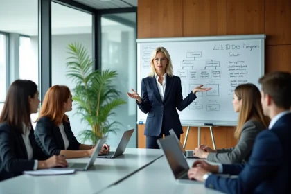 Femme leader présentant un plan de développement du leadership à son équipe en salle de réunion moderne