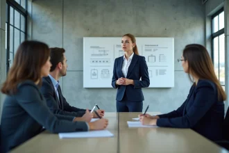 Femme leader en blazer marine animant une réunion stratégique avec son équipe dans un bureau moderne