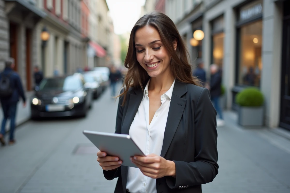 Femme professionnelle tenant une tablette dans une rue commerciale de Québec représentant un emploi lucratif et accessible