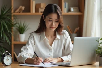 Femme organisée écrivant dans un agenda à son bureau pour gagner en efficacité et en productivité