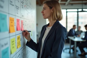 Femme organisant des notes sur un tableau blanc dans un bureau moderne pour illustrer le concept d'organisation