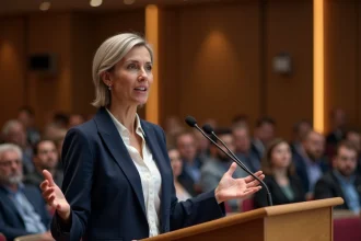 Femme professionnelle parlant avec assurance à un podium lors d'une conférence, illustrant les 5 P de la parole en public