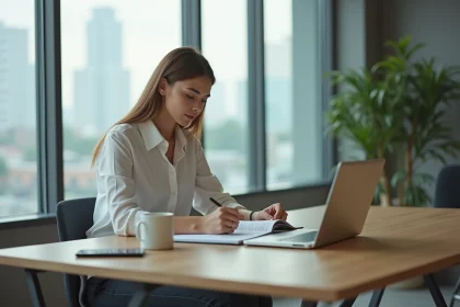 Femme professionnelle organisée prenant des notes dans un agenda sur un bureau minimaliste en bois avec un ordinateur portable, illustrant l'efficacité au travail