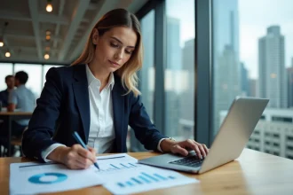 Femme en reconversion professionnelle dans la finance, analysant des documents financiers dans un bureau moderne