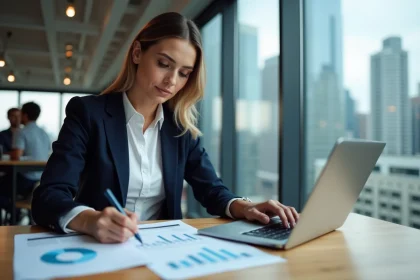 Femme en reconversion professionnelle dans la finance, analysant des documents financiers dans un bureau moderne