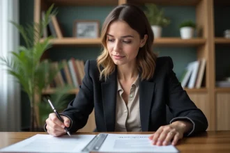 Femme professionnelle relisant son CV à son bureau pour valoriser son expérience bénévole